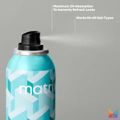 Matrix dry shampoo bottle with teal geometric label and black spray cap