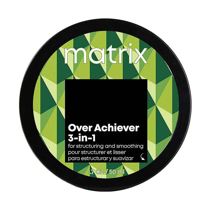 Matrix Over Achiever 3-in-1 hair styling cream jar with green label and black lid