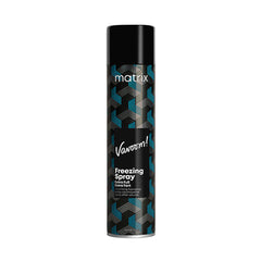 Matrix Vavoom freezing spray aerosol can, black cap and blue geometric pattern.