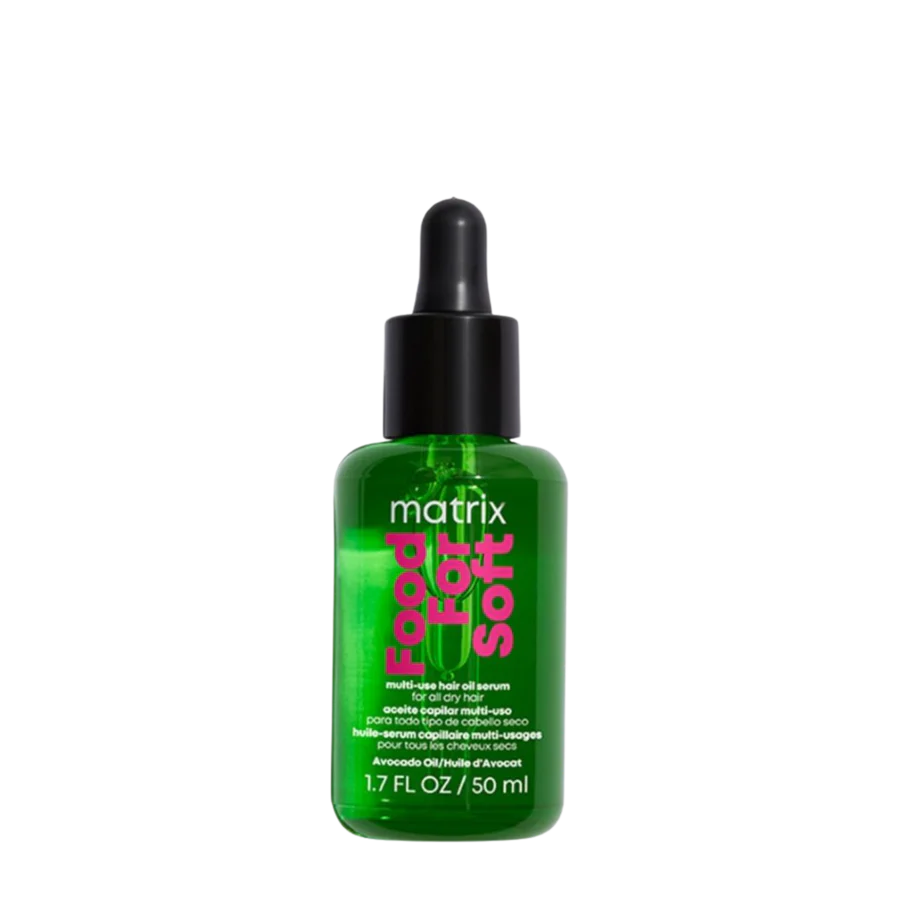 Matrix Food For Soft multi-use hair oil serum bottle, green with black dropper cap