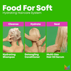 Food For Soft hydrating haircare system panel showing multi-use hair oil serum