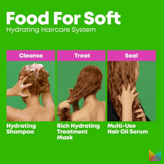 Food For Soft Hydrating Haircare System cleanse, treat, and seal steps with hair photos