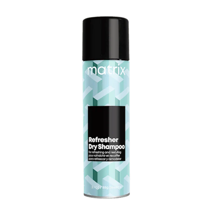Matrix dry shampoo bottle, teal spray can with black cap and label