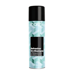 Matrix dry shampoo bottle, teal spray can with black cap and label