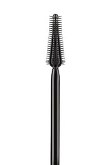 Black mascara wand with ribbed handle and bristle brush tip.