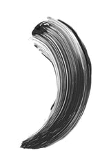 Black mascara streak and curl swatch on white.