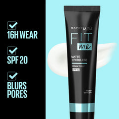 Maybelline Fit Me matte poreless primer tube, black packaging with turquoise band