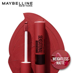 Liquid matte lipstick tube and applicator over red swatch, 'Weightless Matte' badge