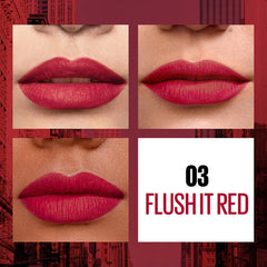 Red lip swatches with '03 Flush It Red' label