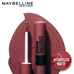 Liquid matte lipstick with open tube and applicator, weightless matte badge