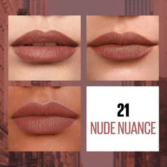 Nude lipstick shade swatches, 21 Nude Nuance on lips in four panels