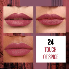 Liquid matte lipstick shade 24 Touch of Spice on lip swatches, close-up