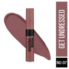 Mauve liquid matte lipstick with doe-foot applicator and capped tube.