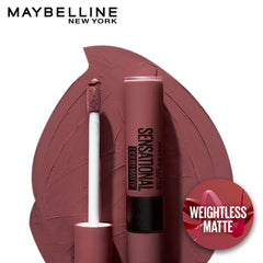 Mauve liquid matte lipstick tube and applicator on lip-shaped swatch.