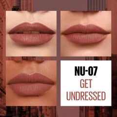 NU-07 Get Undressed lip swatch showing mauve nude matte lipstick on lips.