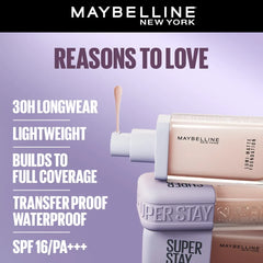 Foundation product bottle and cap, Maybelline Super Stay branding