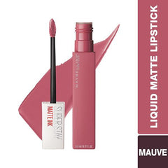 Liquid matte lipstick set with wand applicator and bottle, mauve tone.