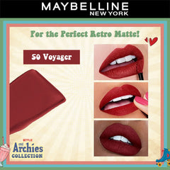 Retro matte lipstick promo card with red Voyager shade and lip swatches