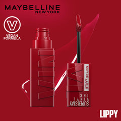 Super Stay Vinyl Ink liquid lipstick set with applicator wand, glossy deep red