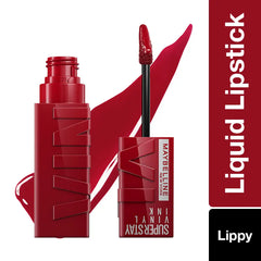 Super Stay Vinyl Ink liquid lipstick with open applicator wand, glossy deep red