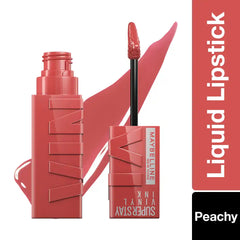 Peachy liquid lipstick with open tube and angled applicator.