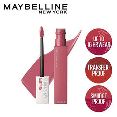 Liquid matte lipstick with mauve bottle, wand applicator, and boxed tube.