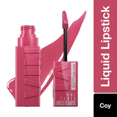 Pink Maybelline Vinyl Ink liquid lipstick with open cap and applicator tip, Coy