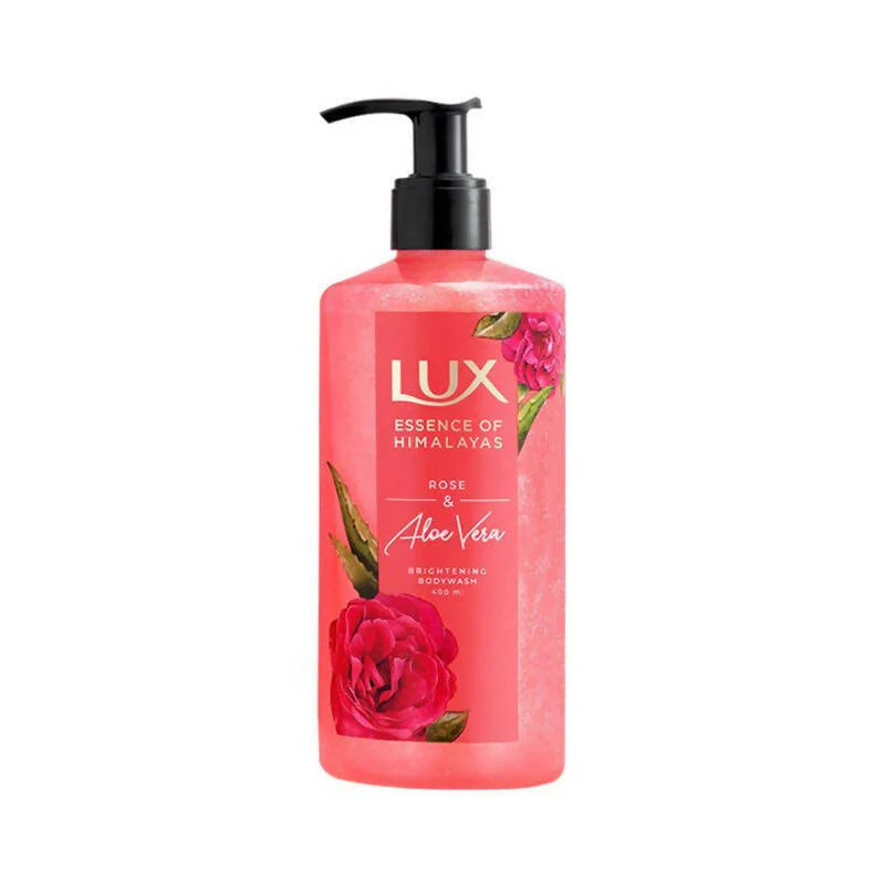 Pink rose & aloe vera body wash bottle with black pump and LUX label front