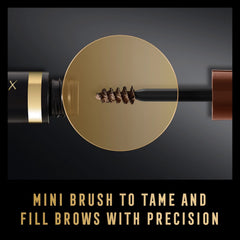 Brow gel brush dispensing clear gel, with bottle and gold band accents