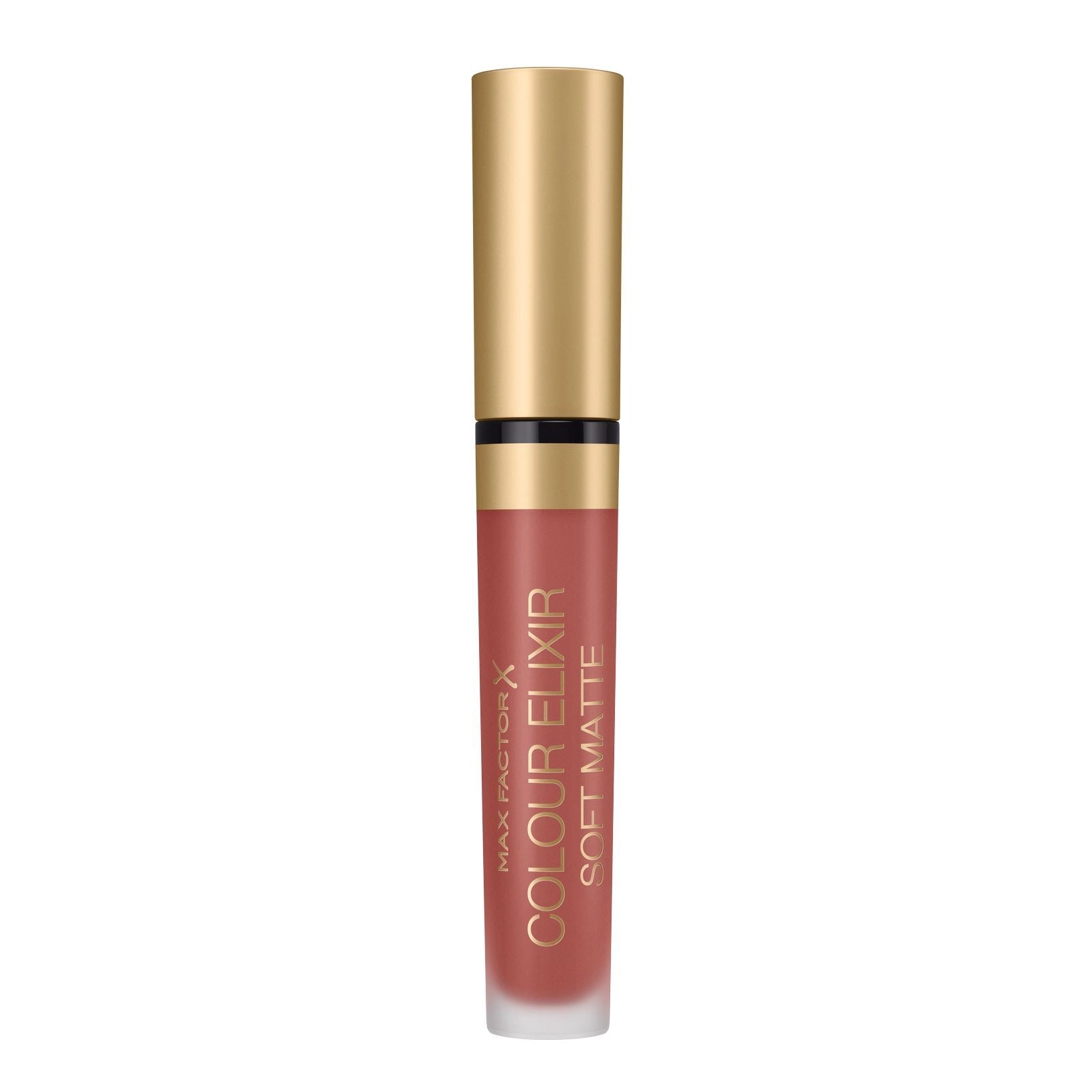 Soft matte liquid lipstick in Muted Russet, gold tube with doe-foot applicator