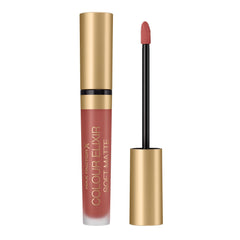 Soft matte liquid lipstick in Muted Russet, open gold tube with applicator wand