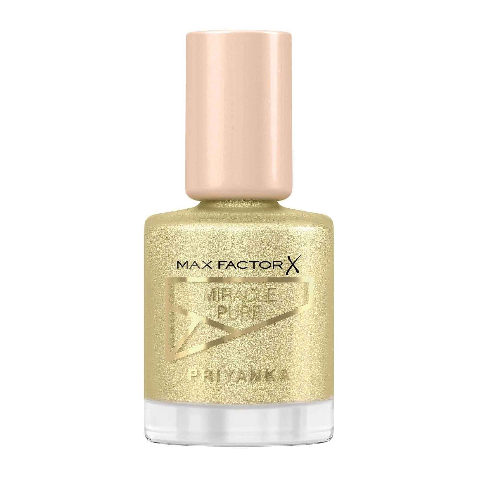 Max Factor Miracle Pure Priyanka nail polish bottle, golden glitter with peach cap