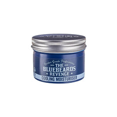 Bluebeards Revenge cooling moisturiser jar with silver lid, blue label