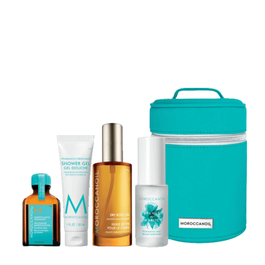 Hair hydration gift set with teal storage container and assorted Moroccanoil bottles