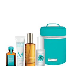 Hair hydration gift set with teal storage container and assorted Moroccanoil bottles