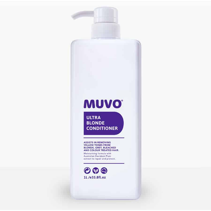 Muvo Ultra Blonde Conditioner bottle with pump, 1L, white and blue label