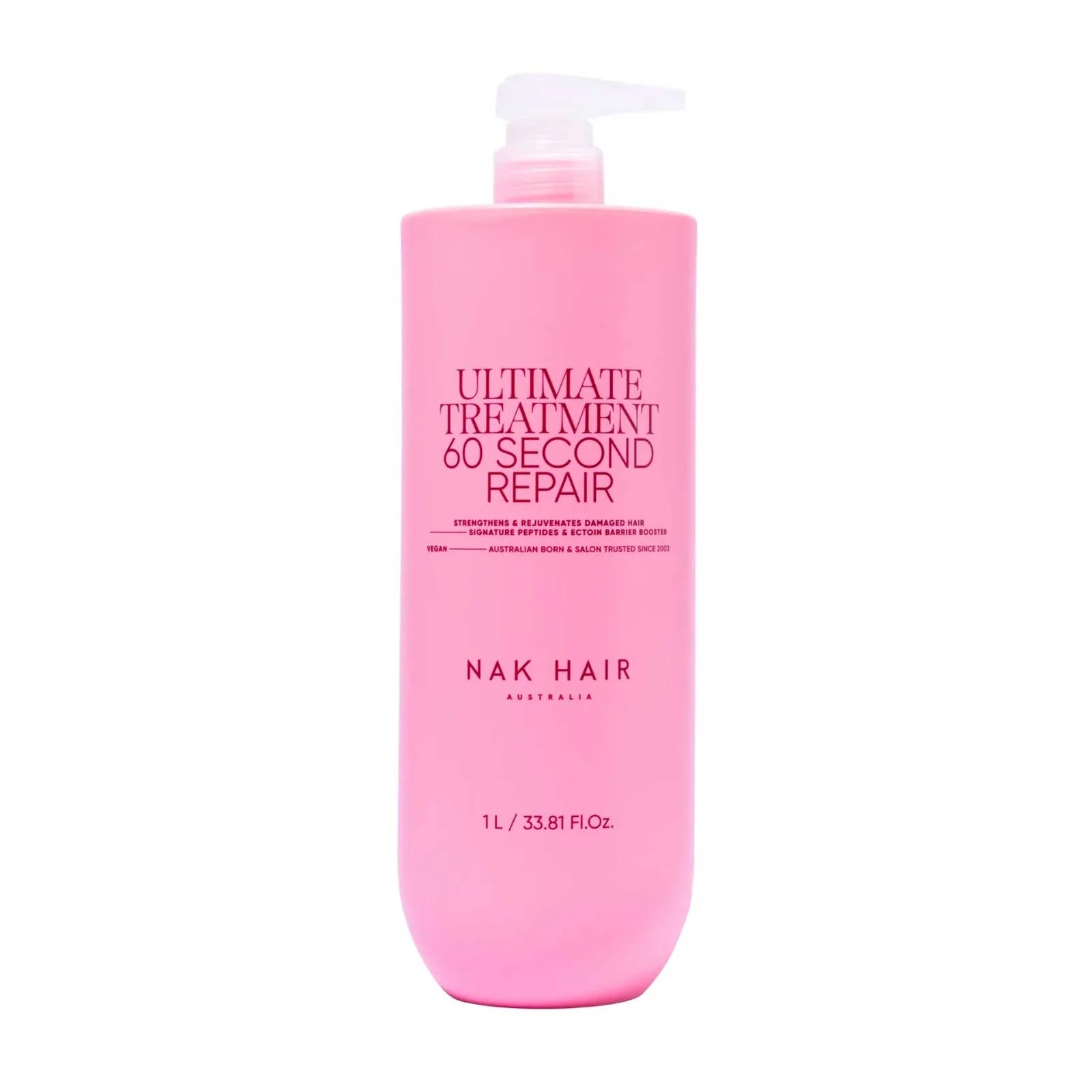Pink hair treatment bottle with pump, label reading Ultimate Treatment 60 Second Repair