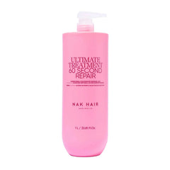 Pink hair treatment bottle with pump, label reading Ultimate Treatment 60 Second Repair