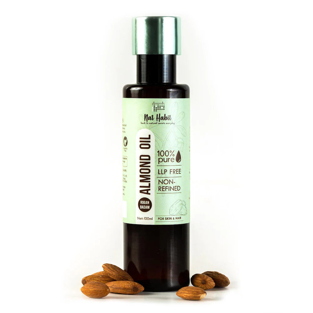 Almond oil bottle with green cap and cream label, 100 ml
