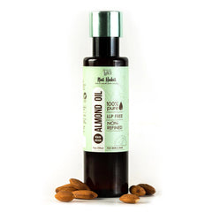 Almond oil bottle with green cap and cream label, 100 ml