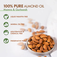 Bowl of almond kernels with product benefit icons on a label card