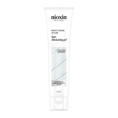 Nioxin hair thickening gel tube, 140 mL, white squeeze tube with blue stripe