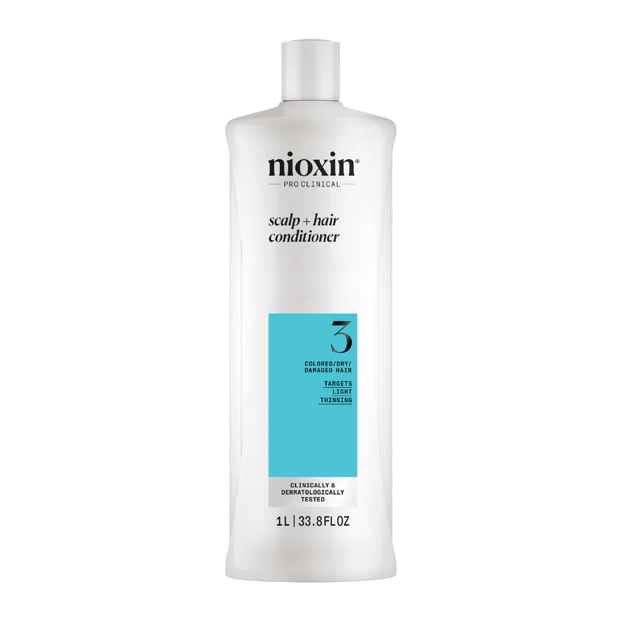 Nioxin scalp + hair conditioner bottle, white with teal label, 1L