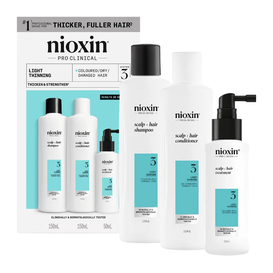 Nioxin Scalp+Hair System 3 trial kit with light thinning shampoo, conditioner, treatment