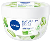 Aloe vera moisturizing cream tub, white with green aloe graphics and NIVEA Naturally Good label