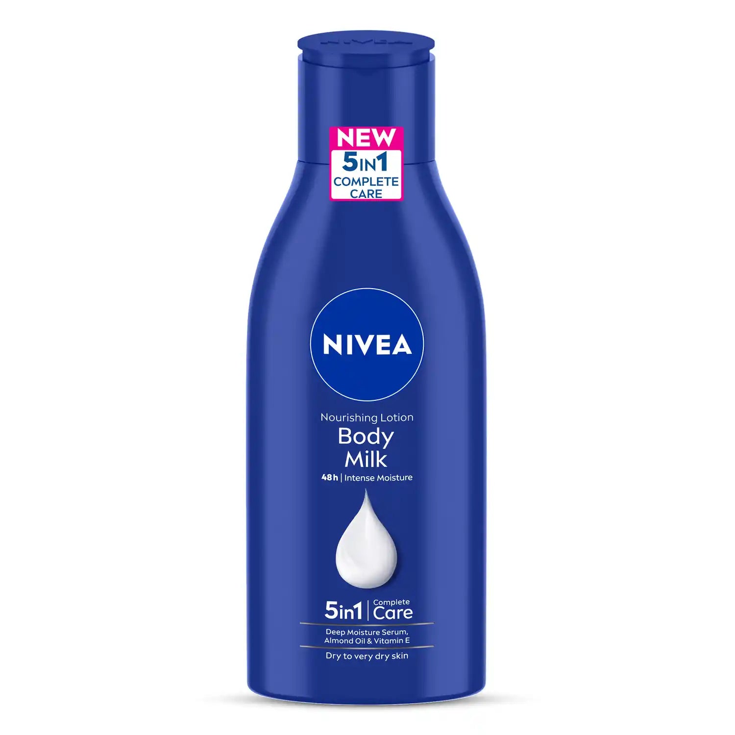 NIVEA Body Milk lotion bottle, blue, 5-in-1 care, with closed cap.