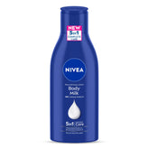 NIVEA Body Milk lotion bottle, blue, 5-in-1 care, with closed cap.
