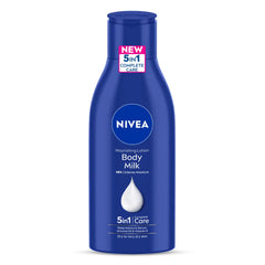 NIVEA Body Milk lotion bottle, blue, 5-in-1 care, with closed cap.