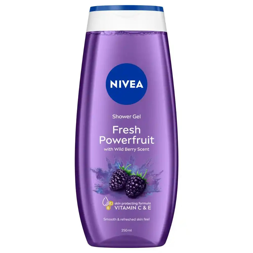 Purple NIVEA Fresh Powerfruit shower gel bottle with blue cap, 250 ml