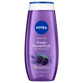 Purple NIVEA Fresh Powerfruit shower gel bottle with blue cap, 250 ml
